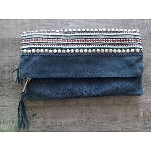 Sondra Roberts Navy Suede Clutch Boho Studded Turquoise Southwestern Zip Bag